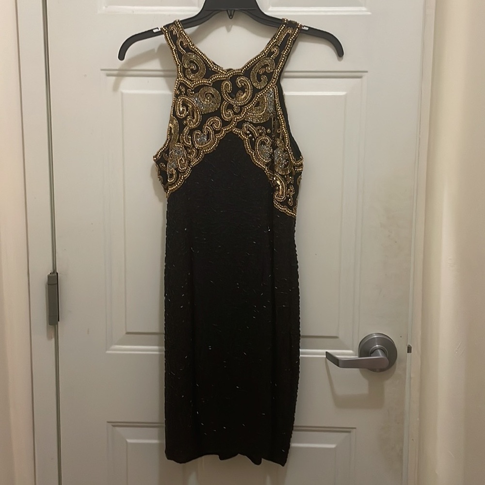 Laurence Kazaar,Vintage Size XL black evening dress with gold beads and sequins.